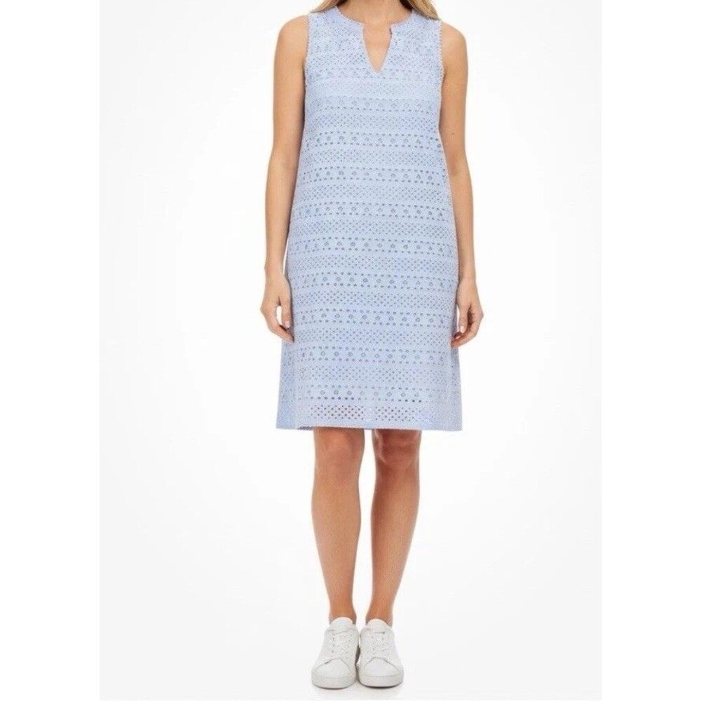 Loft Women’s Light Blue Sleeveless Lace  Eyelet Dress Embroidery Cotton Sz 0